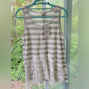 NWT Hem & Thread S (Anthropology) Gray, Cream striped tank w/asymmetric lace hem